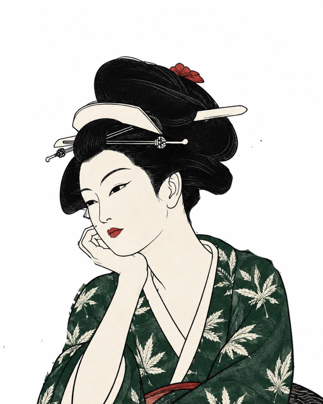 Ilustración en estilo grabado japonés de una mujer con kimono verde estampado con hojas de cannabis, apoyando el rostro en la mano